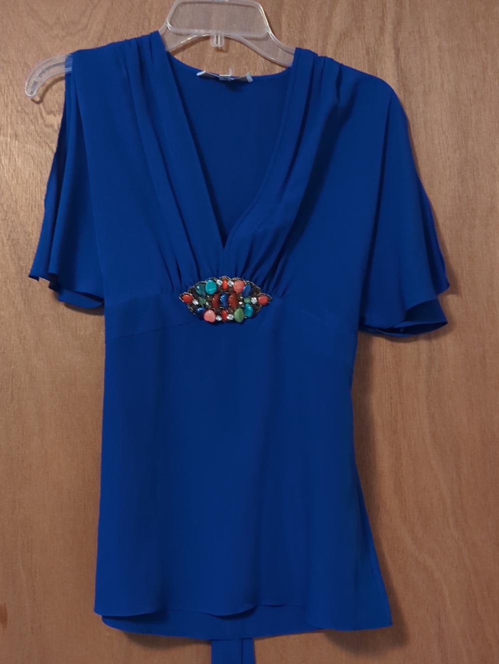 Luxe Royal Blue V-Neck Short Sleeve Top with Multicolor Jewel Accent